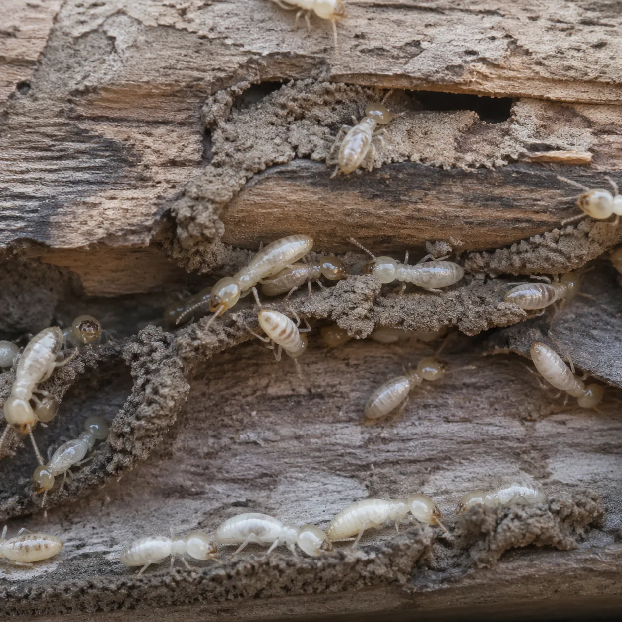 Colonie de termites ouvriers Reticulitermes flavipes sur du bois rongé avec galeries de terre Colonie de termites ouvriers Reticulitermes flavipes sur du bois rongé avec galeries de terre