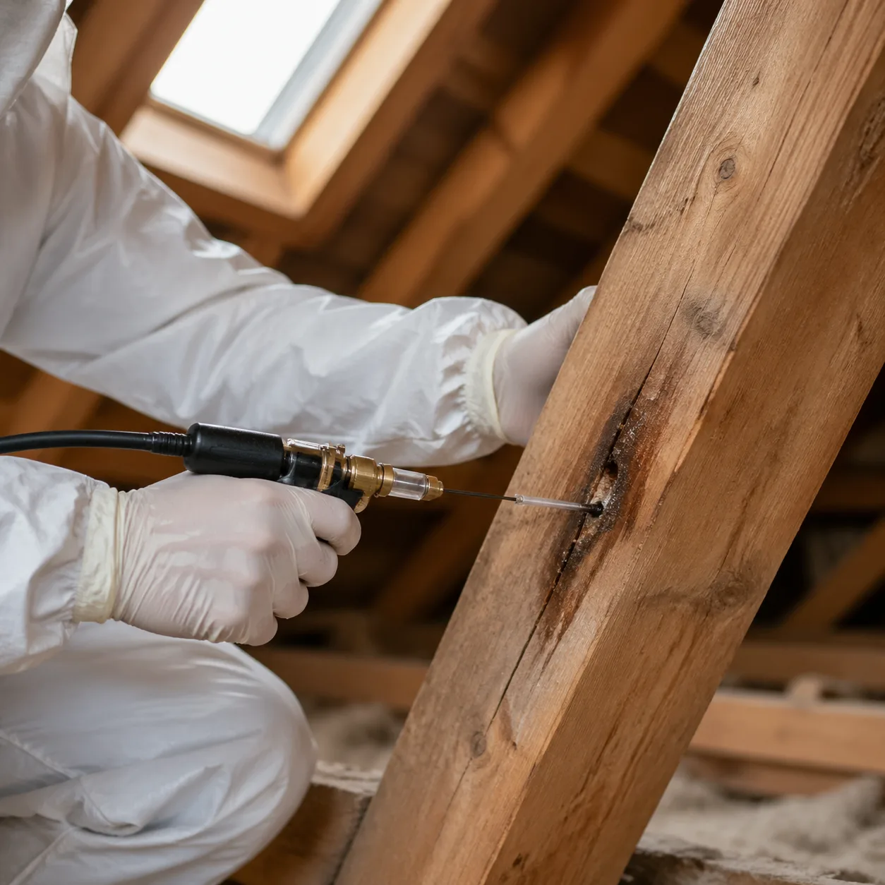 Technicien certifié en combinaison blanche traitant une charpente en bois par injection anti-termites Technicien certifié en combinaison blanche traitant une charpente en bois par injection anti-termites